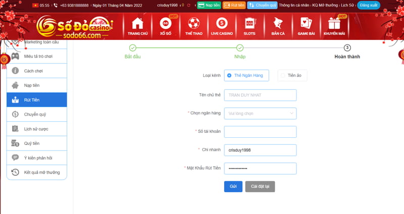 Rút tiền cực nhanh tại sodo casino